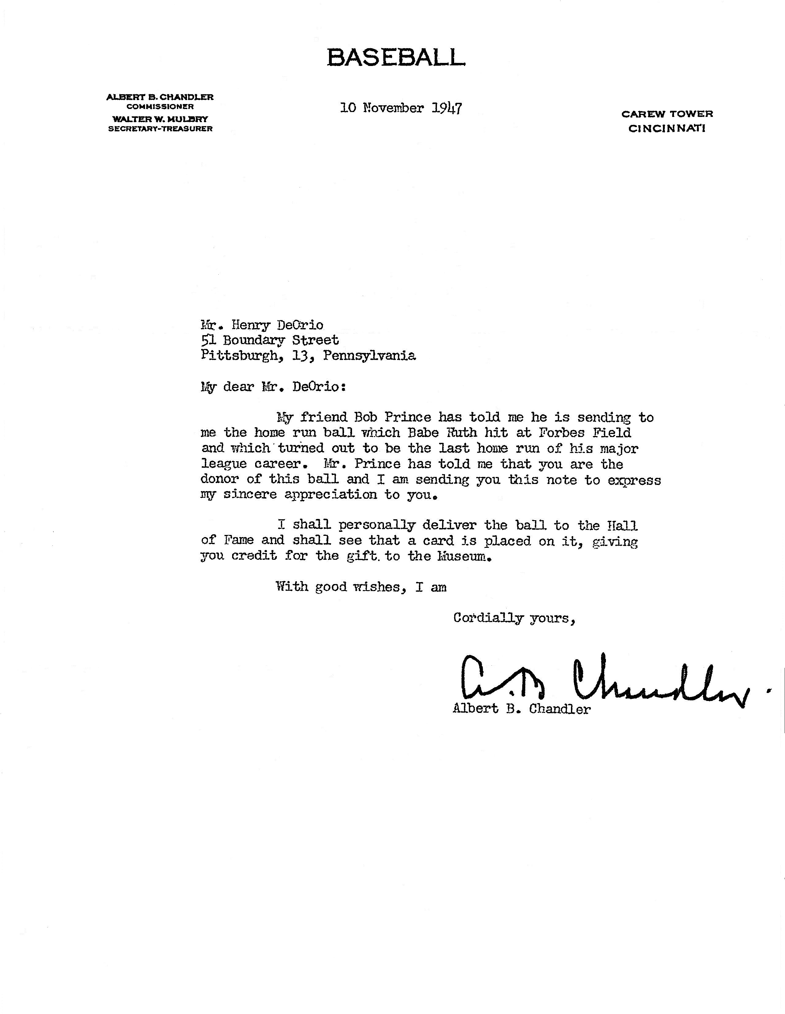Commissioner of Baseball Letter to Wiggy DeOrio